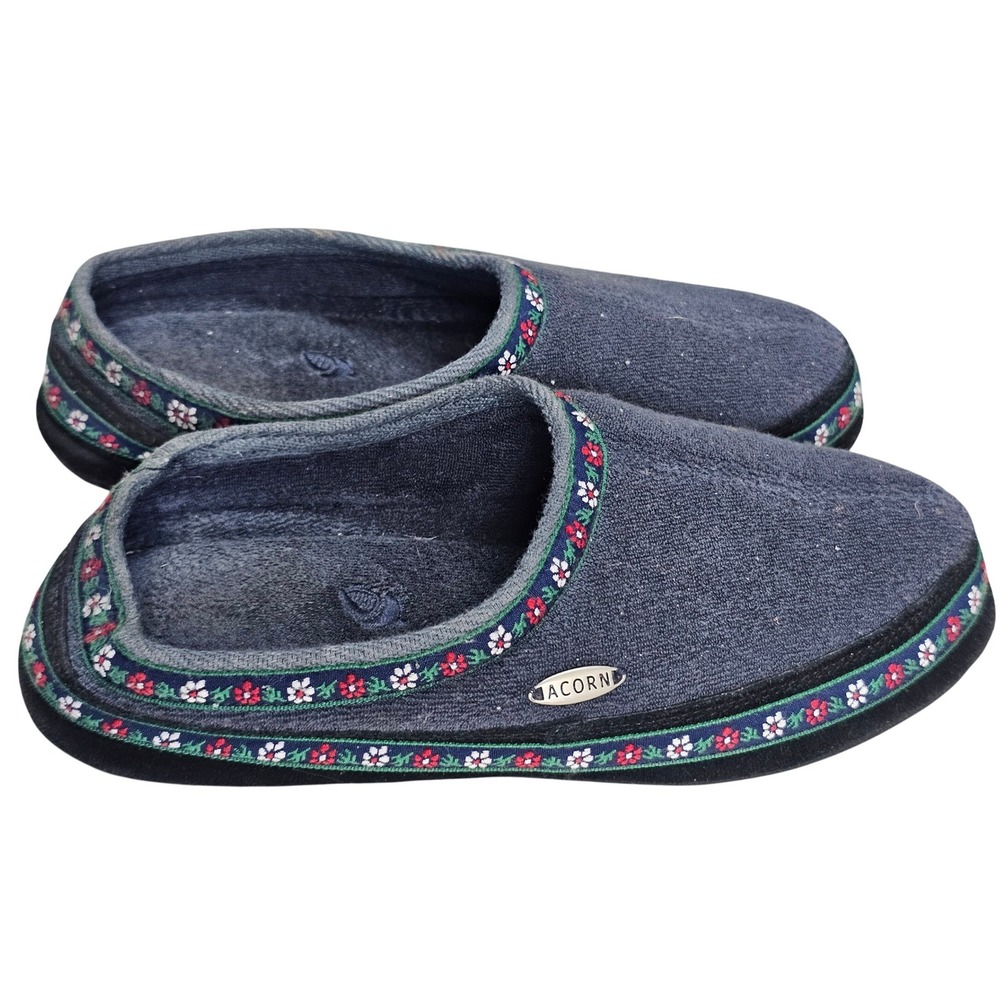 Acorn Womens Blue Terry Cloth Floral Trim Spa Slippers Size 6.5-7.5